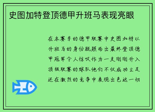 史图加特登顶德甲升班马表现亮眼